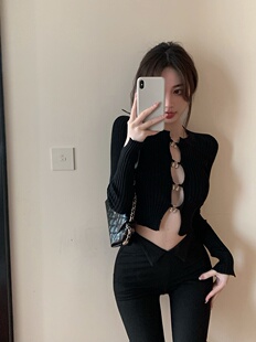 大码胖MM秋季辣妹性感镂空针织开衫女设计感小众显瘦内搭别致上衣