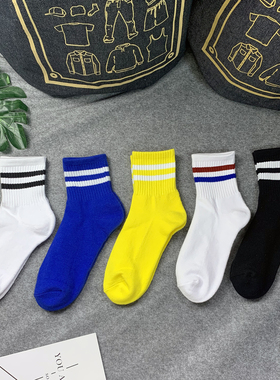 春夏季纯棉毛巾底运动条纹男女时尚百搭中筒袜运动防臭吸汗袜子潮