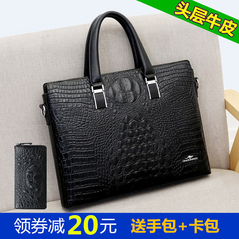 First layer cowhide alligator briefcase mens handbag leather business horizontal handbag Single Shoulder Messenger mens bag