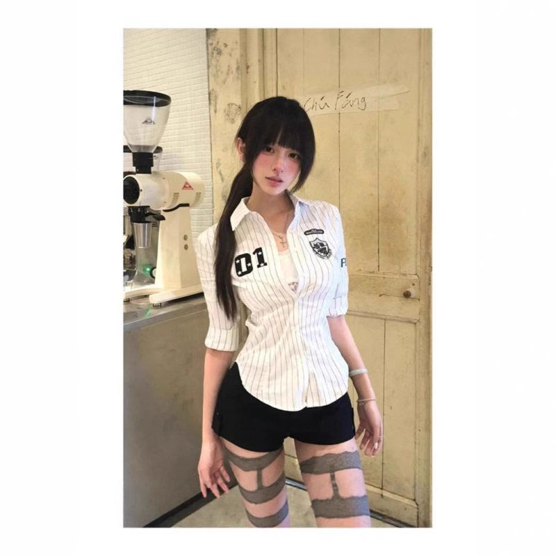 【工厂直销】复古黑白条纹长袖球服短款衬衫女夏季收腰打底上衣