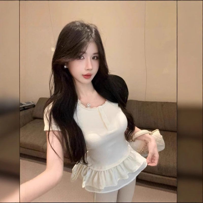 【工厂直销】荷叶边蕾丝短袖t恤女夏季纯欲辣妹短款上衣娃娃衫