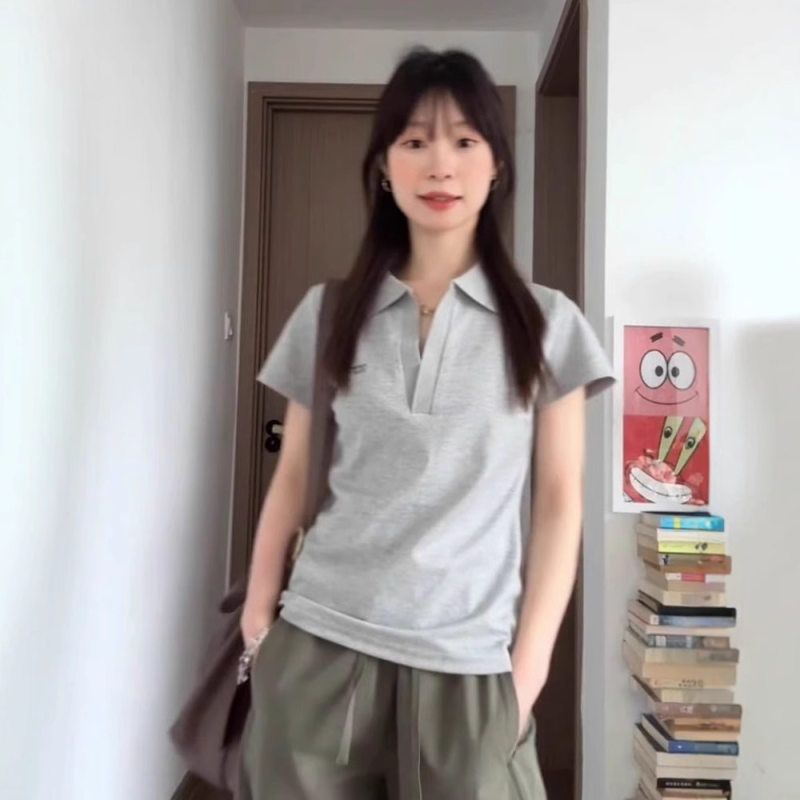 韩系POLO衫正肩短袖T恤女夏季新款美式复古休闲显瘦上衣女批发