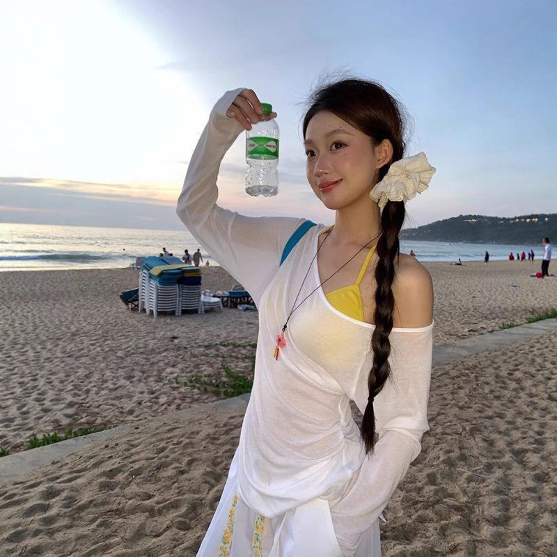 【工厂直销】防晒罩衫女2025爆款长袖白色t恤辣妹斜肩设计感上衣
