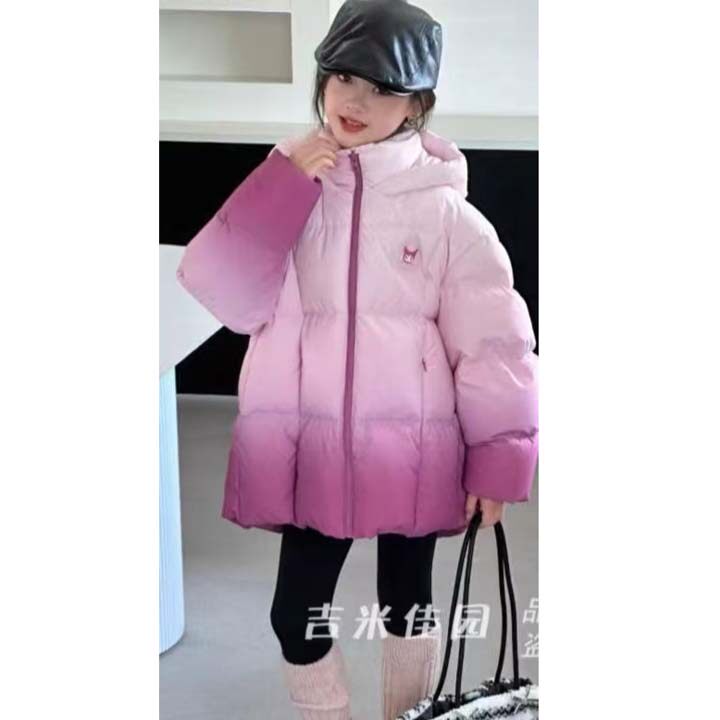 2025冬装酷迪乐淘米童装女童粉色羽绒服中长款连帽加厚洋气外套
