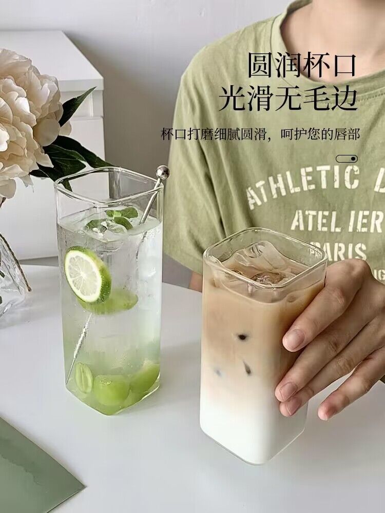 长方形玻璃杯子家用喝水杯透明ins风咖啡牛奶杯夏季冷饮料四方杯