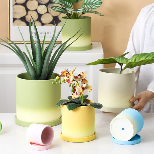 北欧陶瓷花盆带托盘特大号