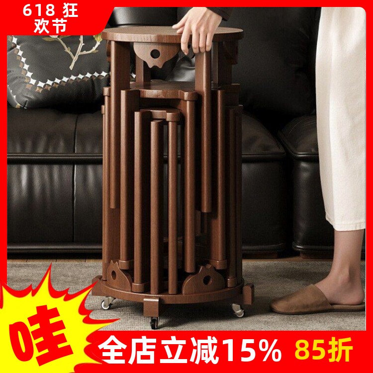 新中式实木圆凳可叠放带滑轮家用凳子餐桌凳子椅子备用四个一板凳