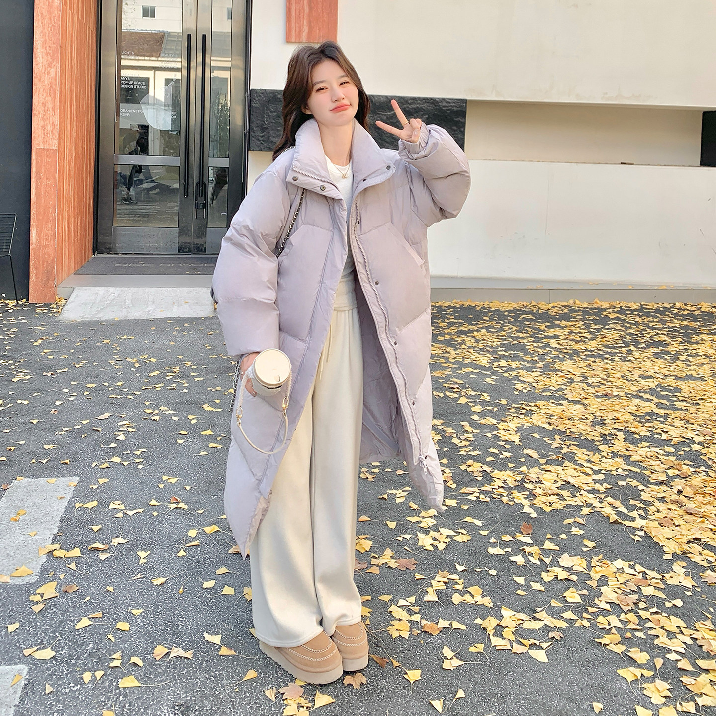 超好看紫色长款羽绒服女2025年冬季新款韩系宽松立领白鸭绒面包服,女装羽绒服,2D120