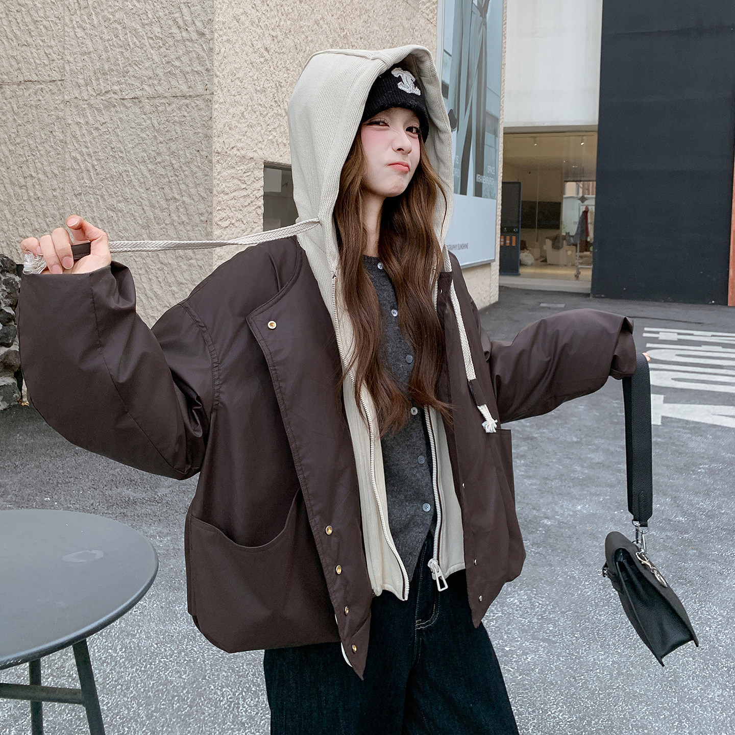美拉德假两件咖色连帽羽绒服女冬新款超火好看高级小众加厚短外套图片