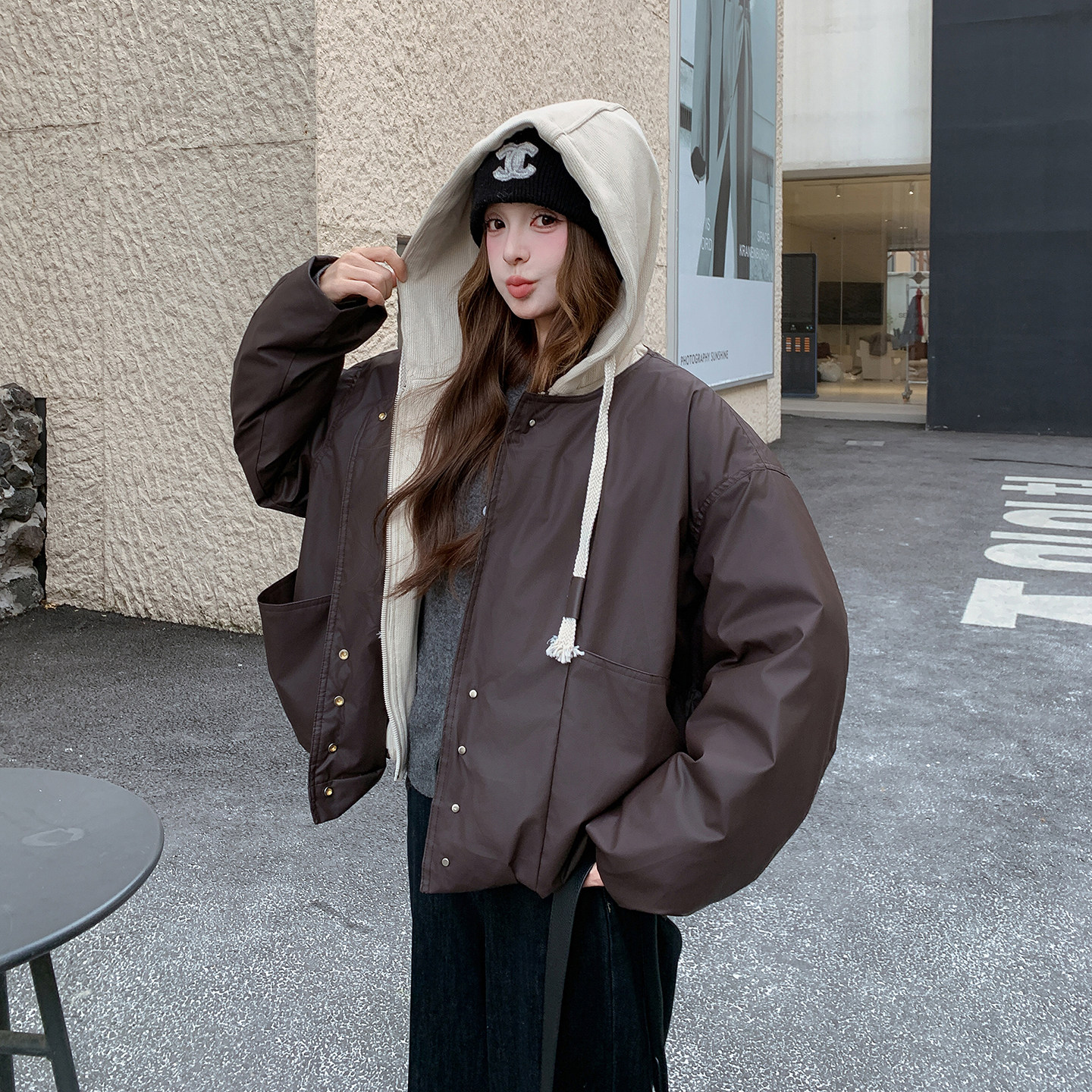 美拉德假两件咖色连帽羽绒服女冬新款超火好看高级小众加厚短外套,女装羽绒服,2D120