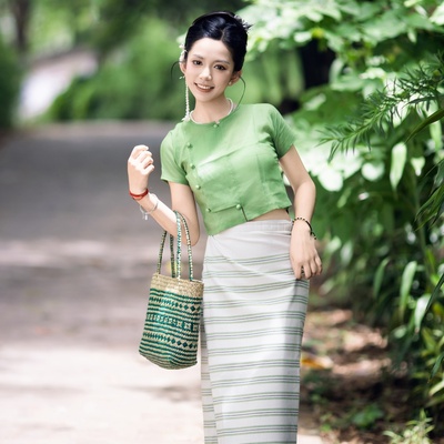 沙芭利果绿天丝麻传统傣族上衣棉质条纹筒裙夏日清新傣家少女穿搭