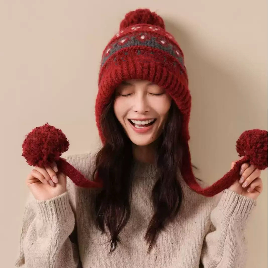 费尔岛风提花护耳帽子冬季女韩系户外保暖针织毛线帽显脸小雷锋帽