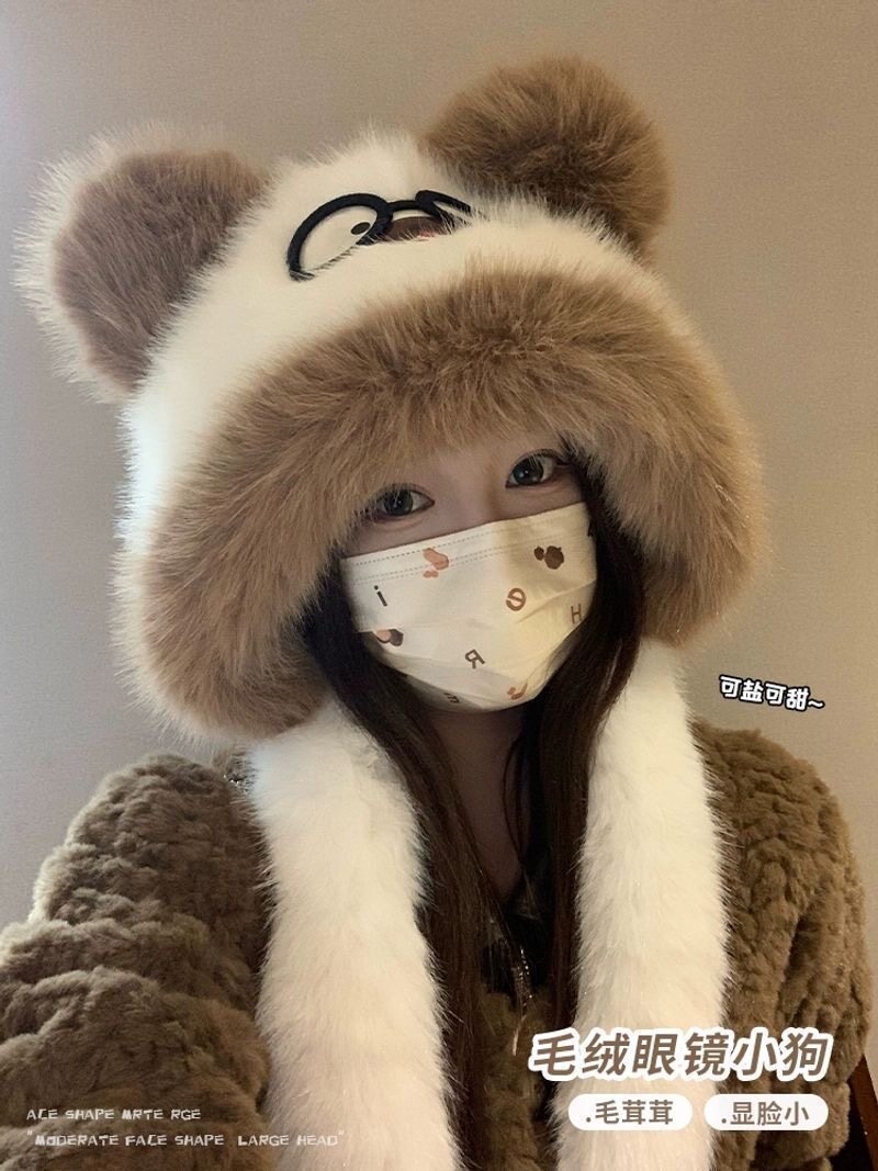 可爱眼镜修狗毛绒收纳女闺蜜网红帽子