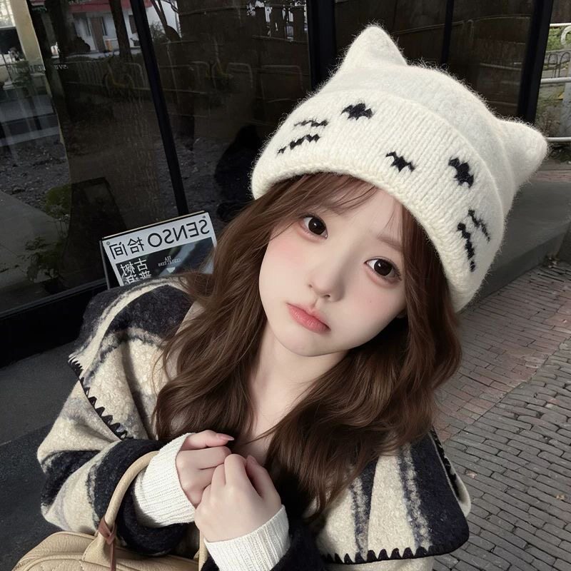 大头围毛线帽显脸小包头帽秋天帽子女洋气美式护耳针织帽黑色冷帽