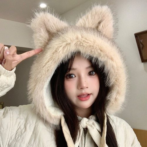 狐狸耳朵可爱帽子围巾羽绒一体女秋冬季仿皮草保暖防寒毛绒手套
