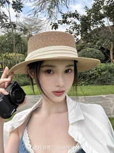 法式 防晒帽子沙滩帽海边度假拍照太阳帽 平顶遮阳草帽女夏2026新款
