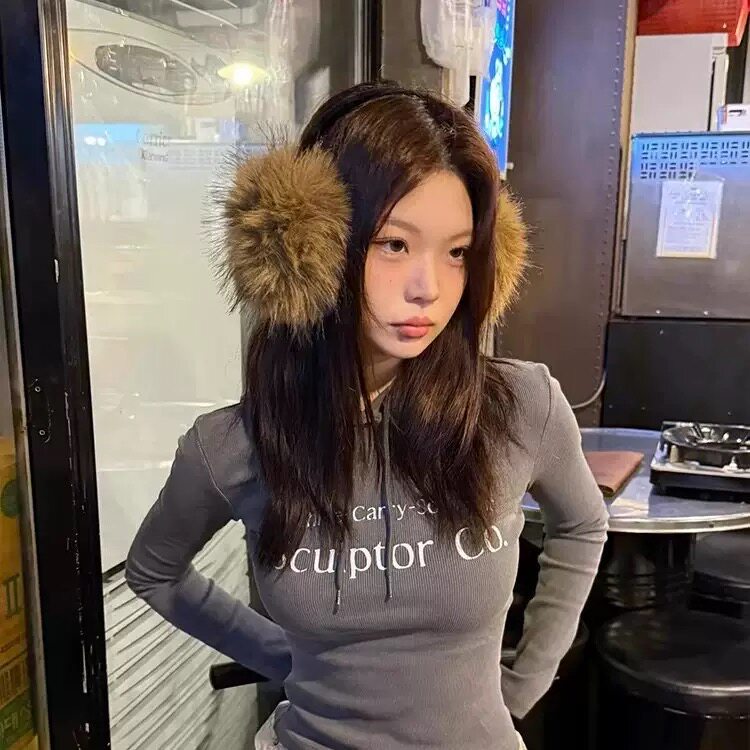 甜酷风y2k棕色仿貂毛耳罩毛绒冬季雪景保暖耳包女骑行护耳套耳暖