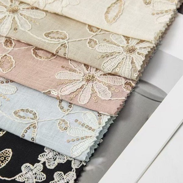 棉麻冬梅珠绣刺绣面料