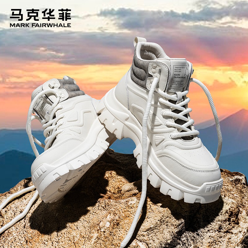 马克华菲马丁靴白色真皮工装靴男