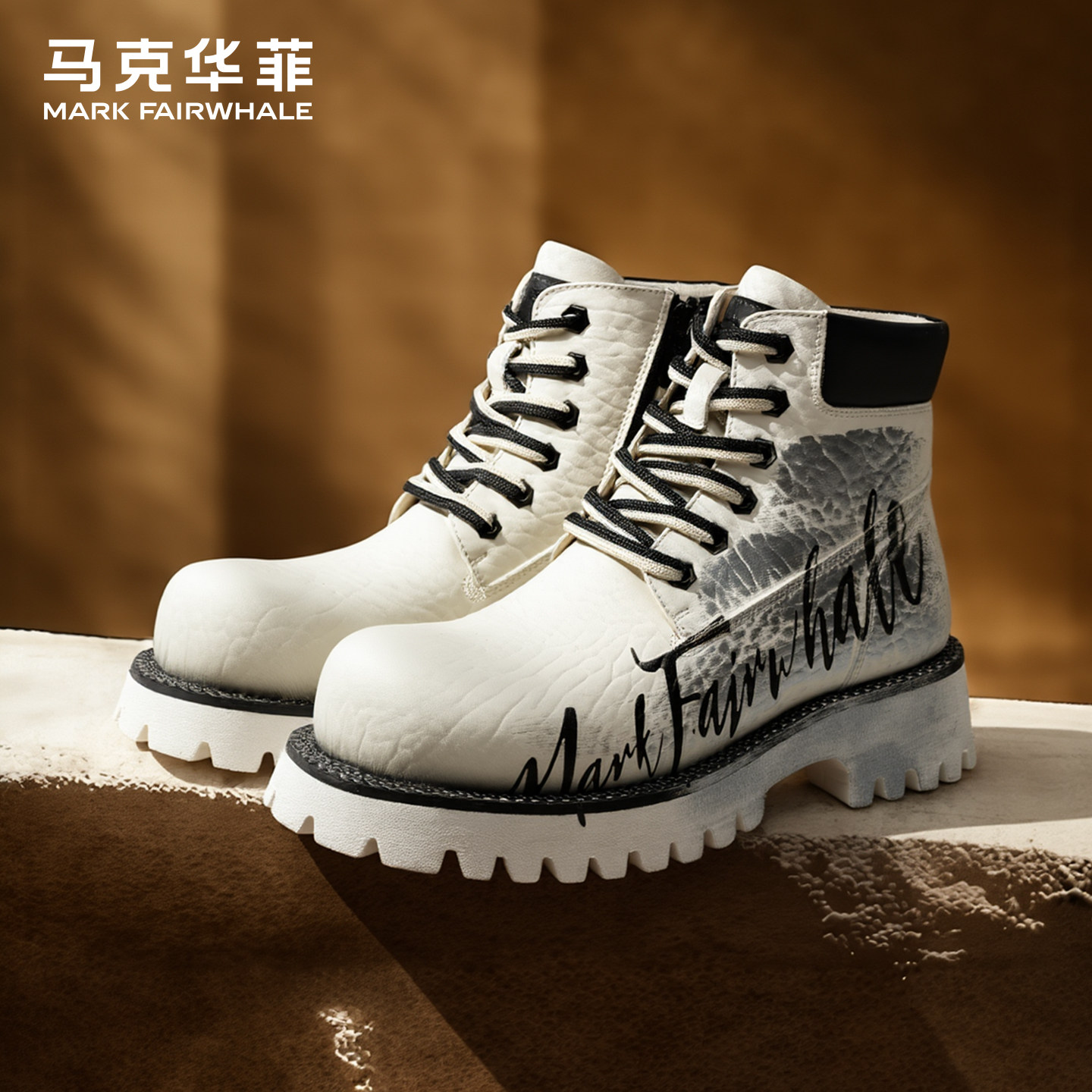 马克华菲马丁靴男士新款高帮真皮机车靴情侣工装皮靴厚底增高男靴
