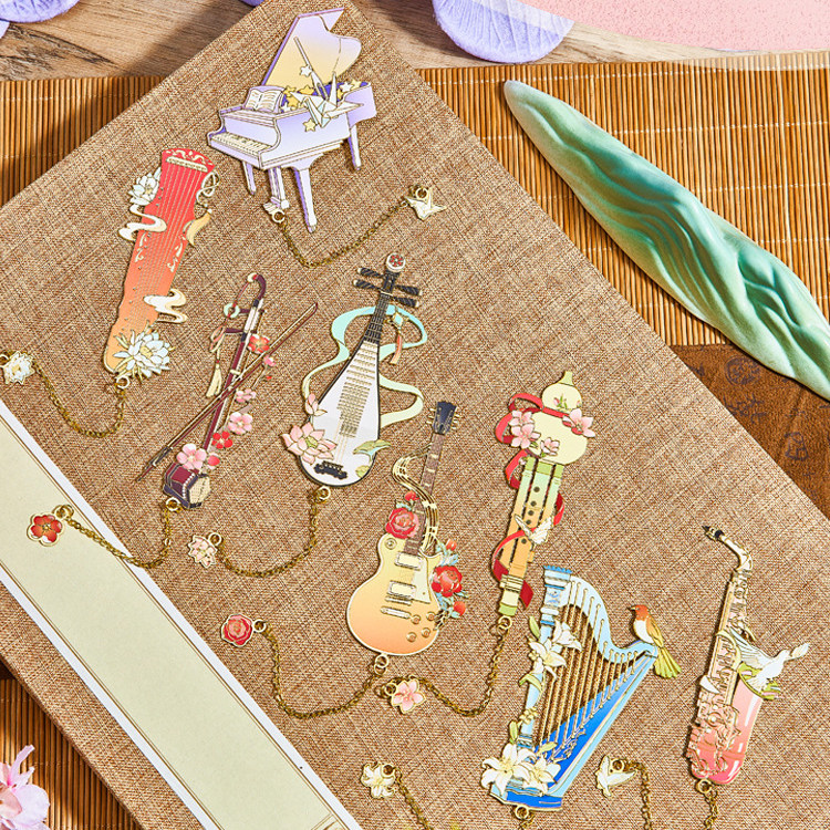乐器金属书签钢琴吉他琵琶二胡古琴中国风艺术文创音乐文具礼品