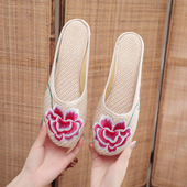 亚麻拖鞋 春夏 居家外穿包头布凉拖妈妈女鞋 老北京布鞋 民族风绣花鞋