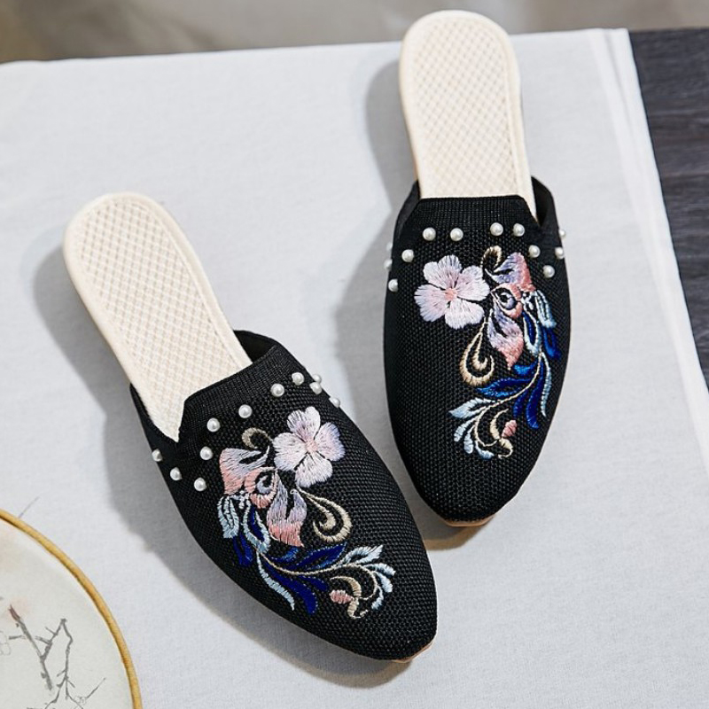钉珠绣花凉拖鞋古风方跟