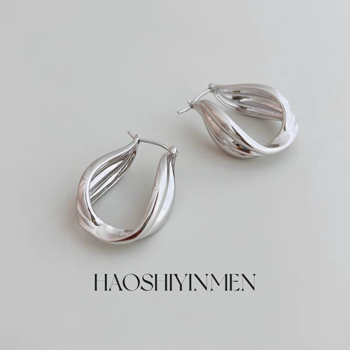 设计师款S925纯银镀铑金波浪纹耳扣小众设计感高级轻奢耳环耳饰