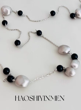 设计师高定款S925通体纯银拉丝镀白金黑玛瑙串珠项链高级感毛衣链