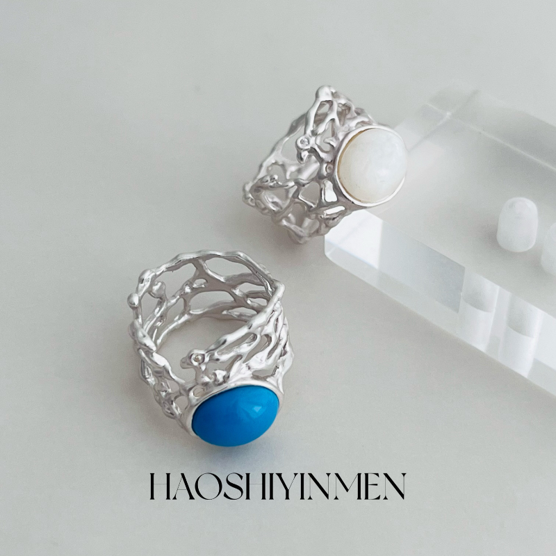韩国小众Maman et fille绝美鸟笼蓝松石戒指银色天然月光石指环女