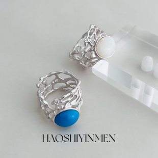 韩国小众Maman et fille绝美鸟笼蓝松石戒指银色天然月光石指环女