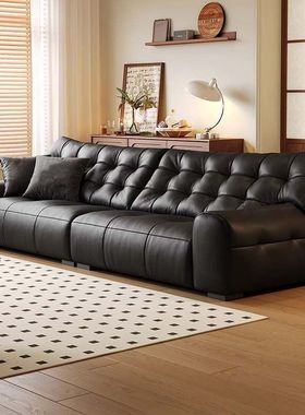 森华派意式极简真皮黑色大黑熊高端直排客厅组合直排豆腐块沙发