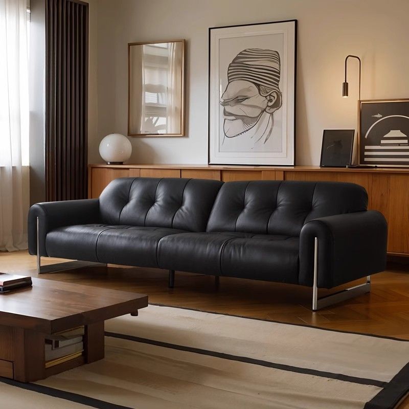 森华派意式真皮沙发客厅小户型复古风黑色直排三人位公爵沙发皮艺
