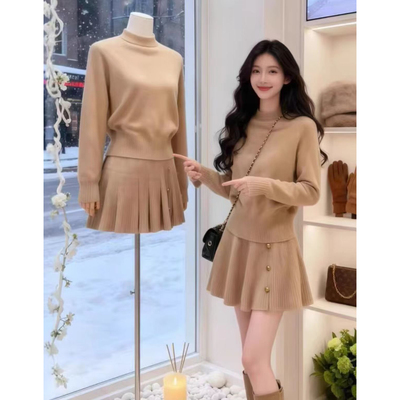 新款复古学院风简约休闲连衣裙子毛衣配百褶裙两件套装女秋冬
