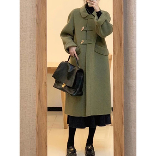 绿色牛角扣呢子大衣女秋冬季 高级感小个子赫本风毛呢外套 2025新款