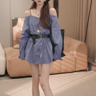 洋气设计感一字肩短款 已出货 时尚 裙早秋新款 连衣裙 小众格子衬衫