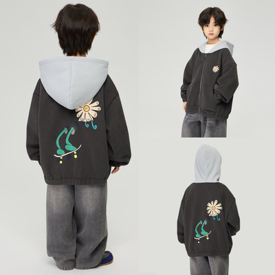 2025冬季新款儿童装美式潮牌印花加厚外套男中大童一体绒连帽卫衣