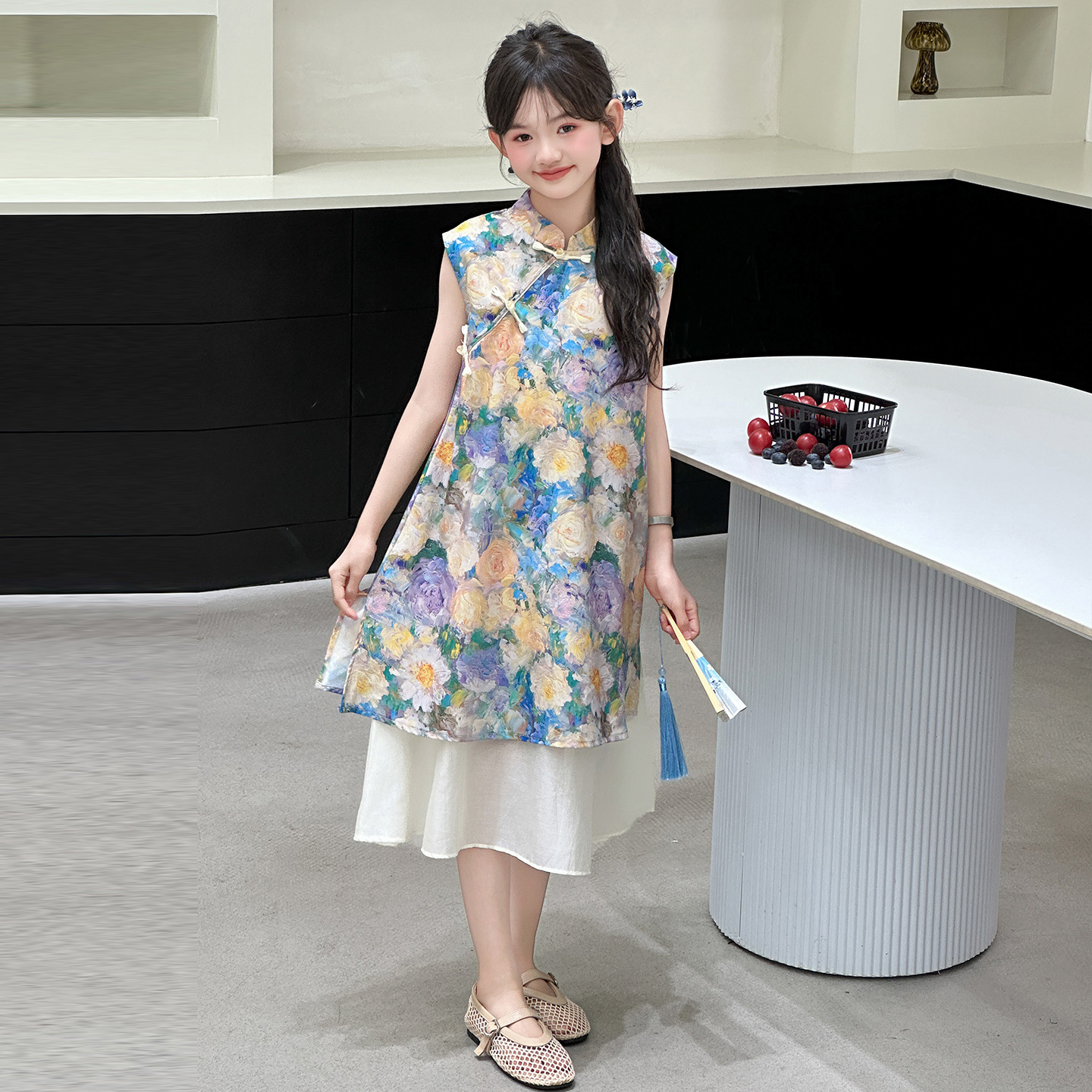 女童连衣裙夏装2025新款中大童夏季国潮新中式裙子儿童碎花