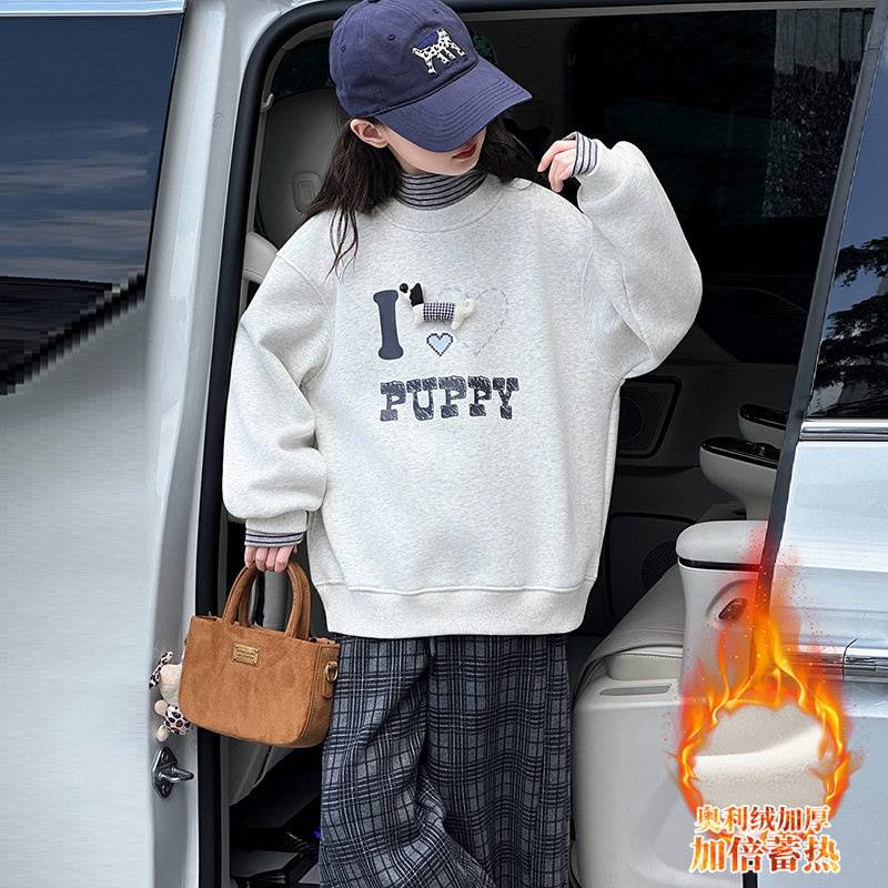 女童保暖卫衣秋冬季节宽松卡通字母休闲假两件上衣百搭可外穿洋气