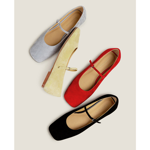 【鞋匠女王×高定级】磨砂羊皮一字带玛丽珍女鞋方头芭蕾平底单鞋