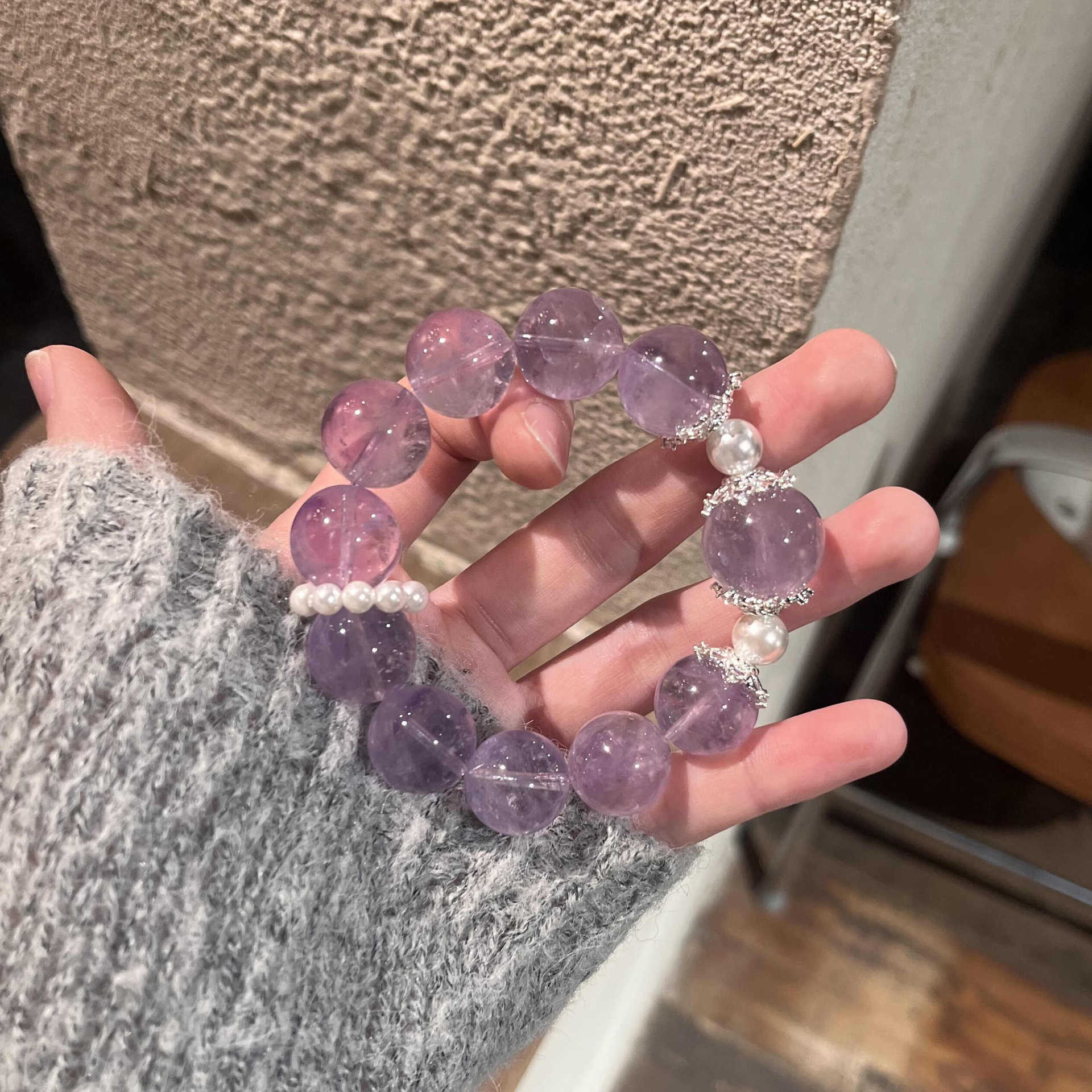 薰衣草紫水晶珍珠手链送女友