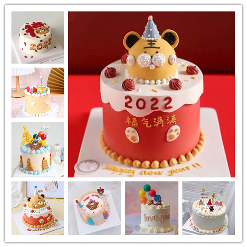 仿真生日蛋糕模型2022虎年网红小红书动物头像卡通熊复古奶油手绘