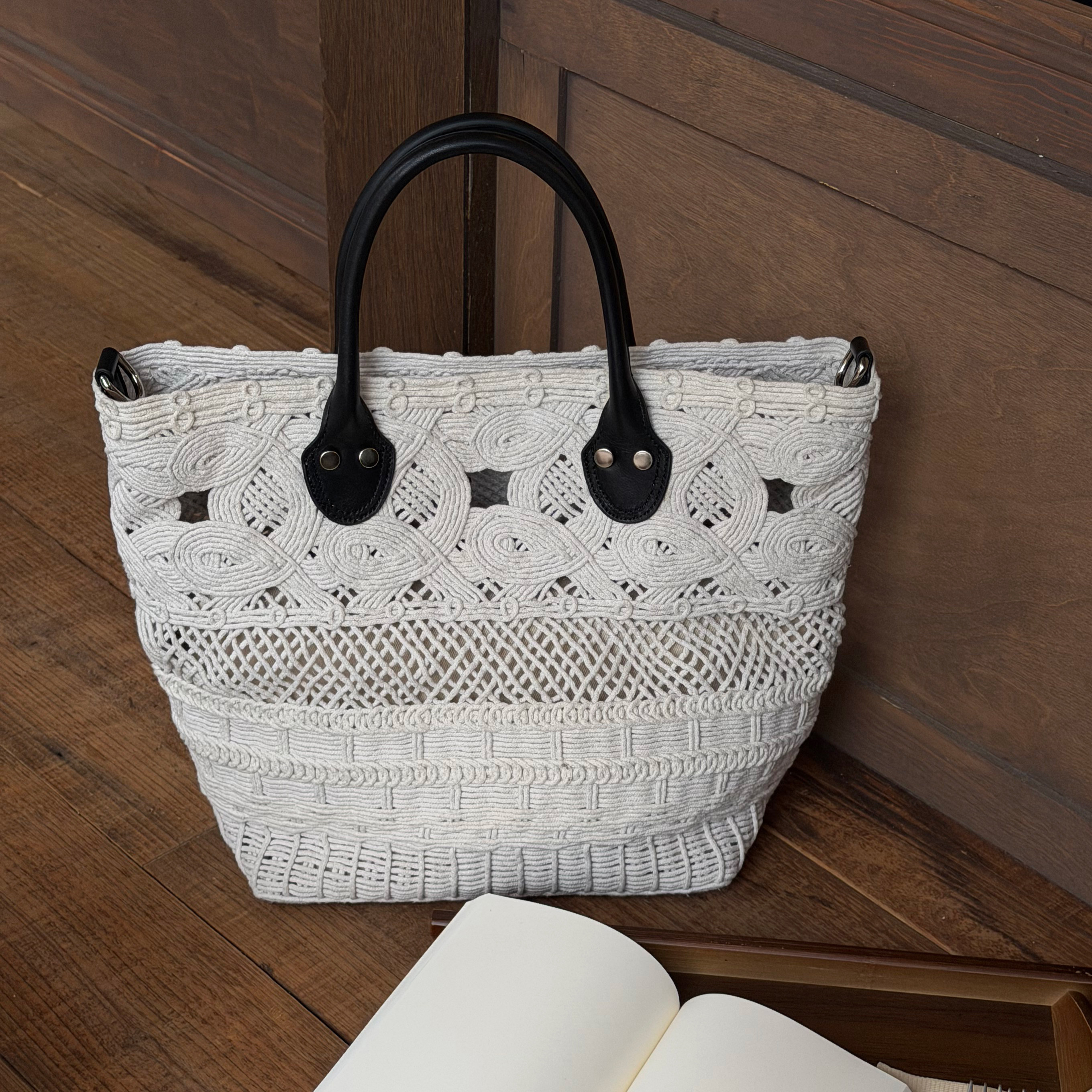 RANU手工编织镂空真皮托特包女慵懒度假风单肩斜挎包水桶包手提包