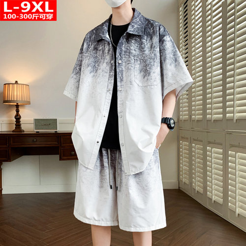 夏季港风潮男士渐变印花短袖衬衫五分裤一套加肥大码宽松休闲套装