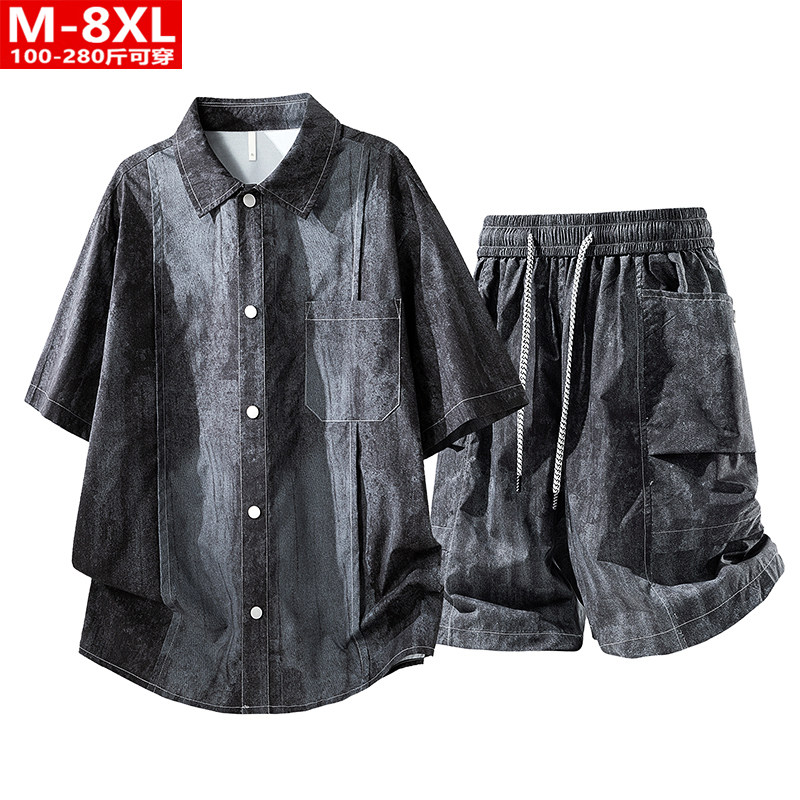 夏季潮男时尚仿牛仔印花短袖衬衫五分裤大码加肥宽松运动休闲套装