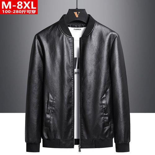 春秋潮流男装棒球领机车皮衣夹克胖青年加肥大码宽松休闲开衫外套