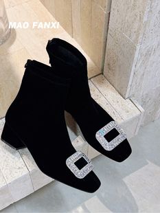 MFX 2025冬真皮方头韩系短筒靴 1881欧货金丝绒女鞋