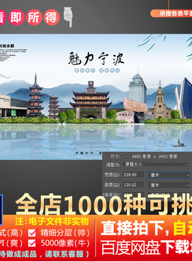 PS魅力宁波市地标旅游建筑海报设计PSD海报素材城市剪影图片