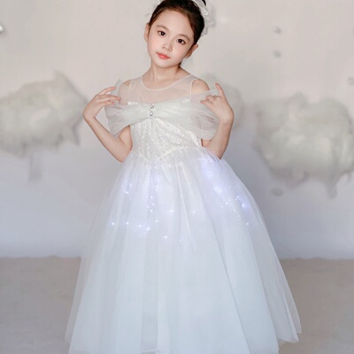 女童白色发光毕业网纱公主裙礼服
