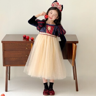 西米女童白雪公主裙春秋2025新款重工亮片网纱丝绒连衣裙儿童礼服